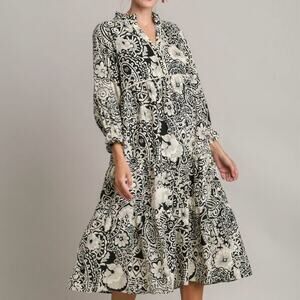 Umgee Plus NWT Two Toned Floral Midi Dress Piping Details Dress Boho Resort